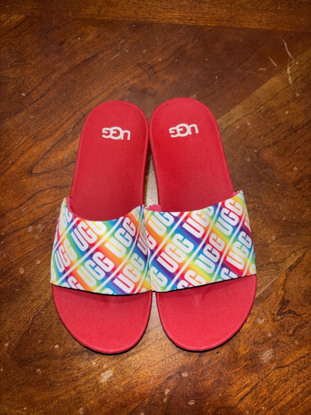 UGG Kids Red Slides with Rainbow Logo Strap